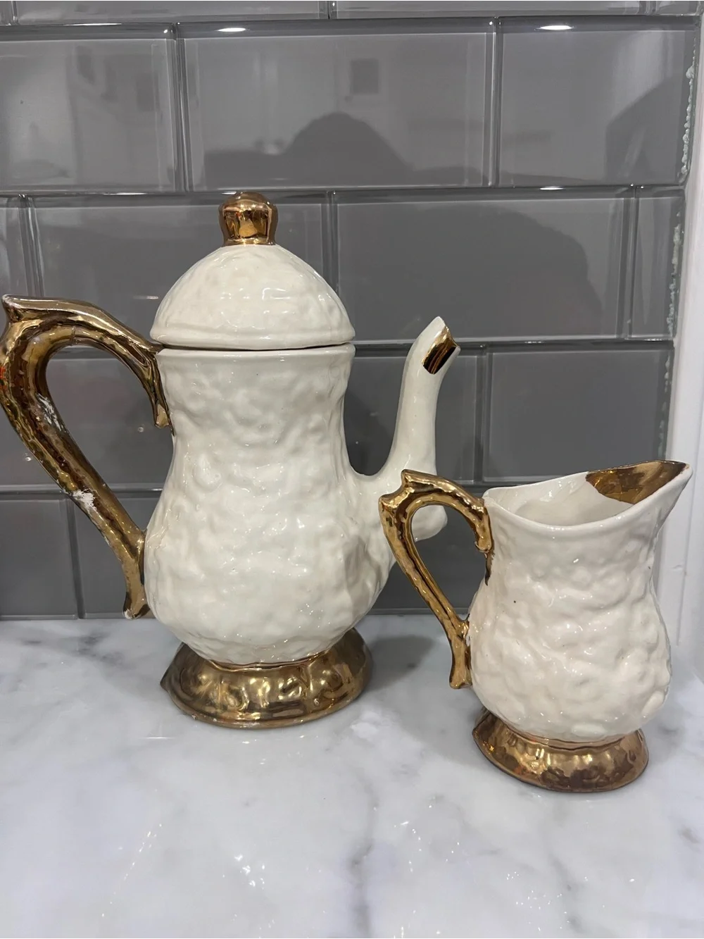 Vintage White Ceramic Teapot and Creamer Set
